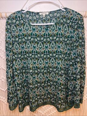 Max Studio Teal Floral-Print Long Sleeve Blouse